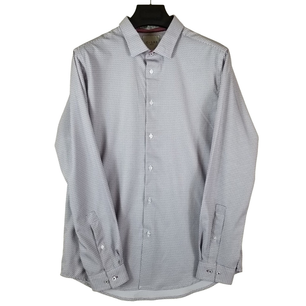 C-LAB NYC Button Down Shirt Mens L 16.5 White Navy Geometric 4-Way Stretch Slim
